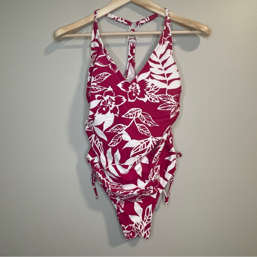 KONA SOL BERRY/WHITE 1PC FLORAL SWIMSUIT MED NWT